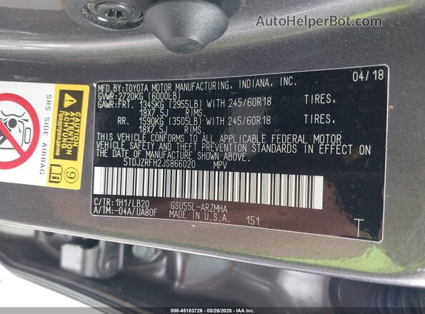 5TDJZRFH2JS866020 2018 TOYOTA HIGHLANDER Бежевый Вид подкапотного пространства