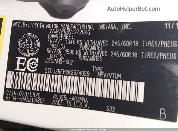 5TDJZRFH2KS574059 2019 TOYOTA LE White Engine compartment view