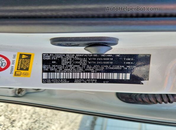 5TDJZRFH2KS926671 2019 TOYOTA HIGHLANDER White Widok naklejki z numerem VIN