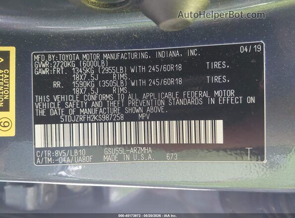 5TDJZRFH2KS987258 2019 TOYOTA HIGHLANDER Blue ძრავის განყოფილების ხედი
