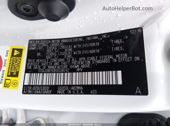 5TDJZRFH3HS508242 2017 TOYOTA HIGHLANDER White 