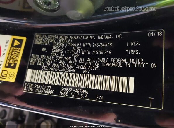 5TDJZRFH4JS829048 2018 TOYOTA HIGHLANDER Black 
