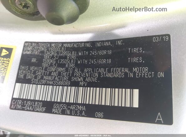 5TDJZRFH4KS588089 2019 TOYOTA HIGHLANDER Silver Շարժիչի բաժամունքի տեսք