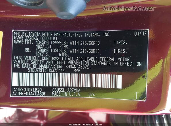 5TDJZRFH5HS375144 2017 TOYOTA HIGHLANDER Burgundy Engine compartment view