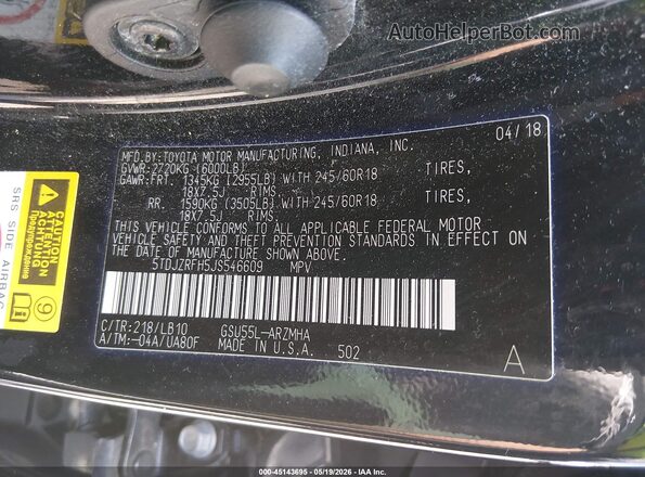 5TDJZRFH5JS546609 2018 TOYOTA HIGHLANDER Black Widok komory silnika