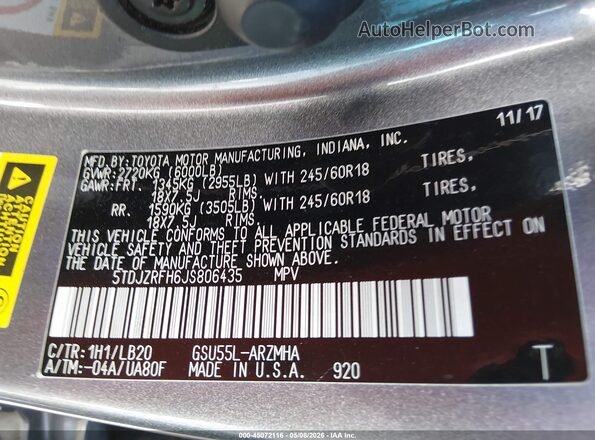 5TDJZRFH6JS806435 2018 TOYOTA LE Gray Widok komory silnika
