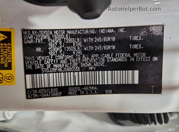 5TDJZRFH6JS880566 2018 TOYOTA HIGHLANDER White 360 interior view