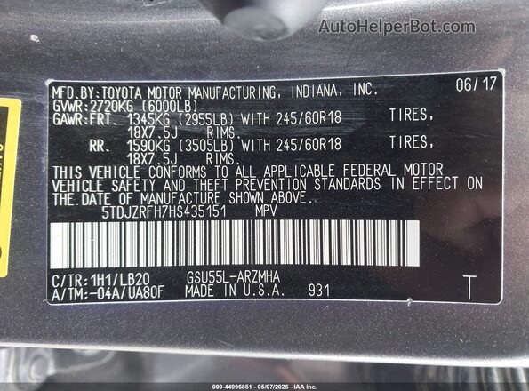 5TDJZRFH7HS435151 2017 TOYOTA LE Gray 