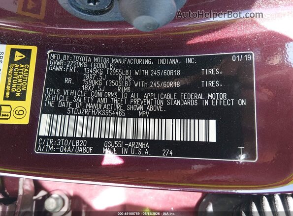 5TDJZRFH7KS954465 2019 TOYOTA LE Maroon Շարժիչի բաժամունքի տեսք