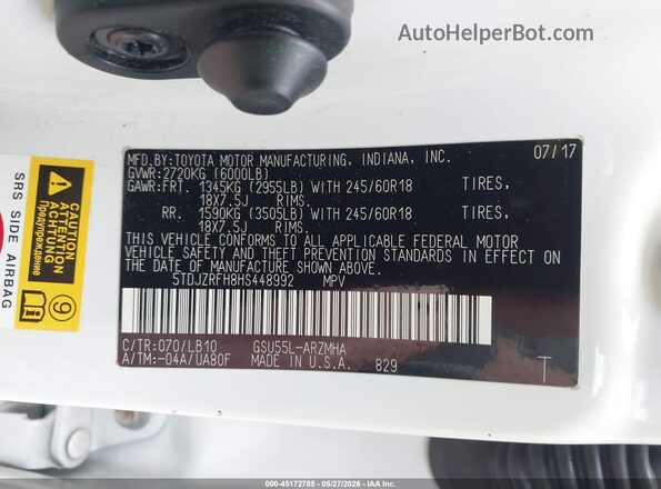 5TDJZRFH8HS448992 2017 TOYOTA HIGHLANDER White 