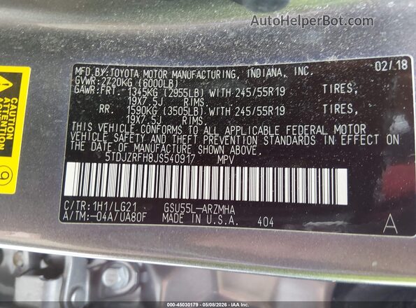 5TDJZRFH8JS540917 2018 TOYOTA HIGHLANDER Gray Engine compartment view