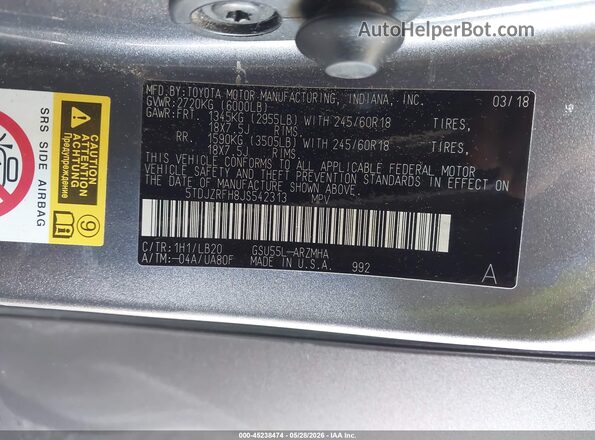 5TDJZRFH8JS542313 2018 TOYOTA HIGHLANDER Gray Вид підкапотного простору