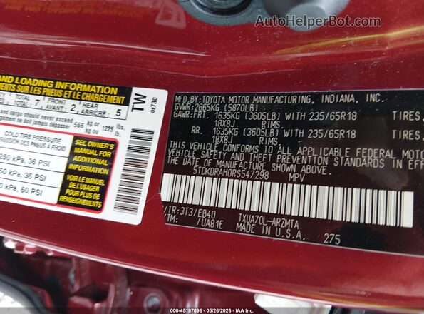 5TDKDRAH0RS547298 2024 TOYOTA HIGHLANDER Темно-бордовый Вид подкапотного пространства