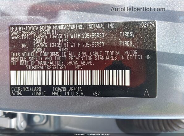 5TDKDRAH1RS534690 2024 TOYOTA HIGHLANDER Blue 