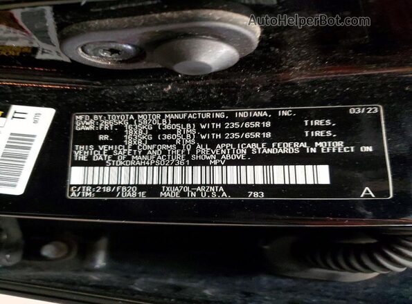 5TDKDRAH4PS027361 2023 TOYOTA HIGHLANDER Black Widok naklejki z numerem VIN