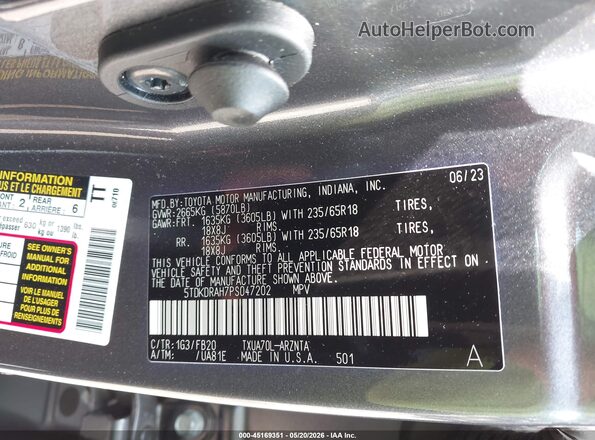 5TDKDRAH7PS047202 2023 TOYOTA HIGHLANDER Gray Вид підкапотного простору