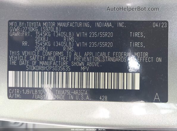 5TDKDRBH2PS035635 2023 TOYOTA HIGHLANDER Silver Vista del compartimento del motor