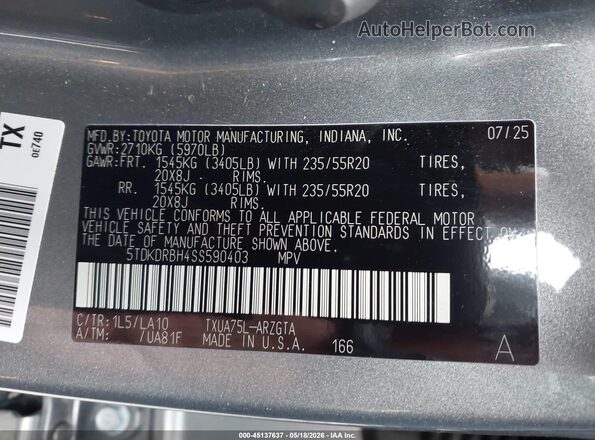 5TDKDRBH4SS590403 2025 TOYOTA HIGHLANDER Gray ძრავის განყოფილების ხედი