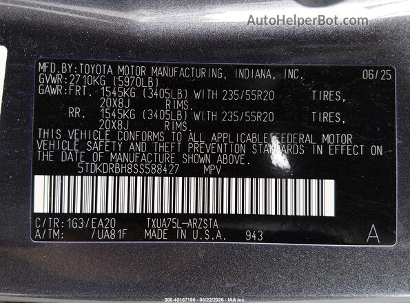 5TDKDRBH8SS588427 2025 TOYOTA HIGHLANDER Gray Շարժիչի բաժամունքի տեսք