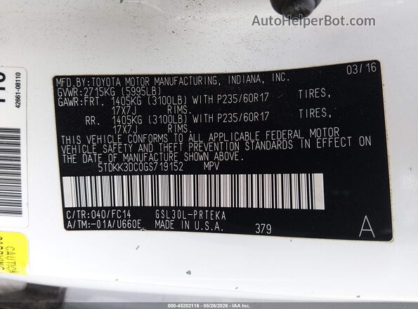 5TDKK3DC0GS719152 2016 TOYOTA SIENNA White Engine compartment view