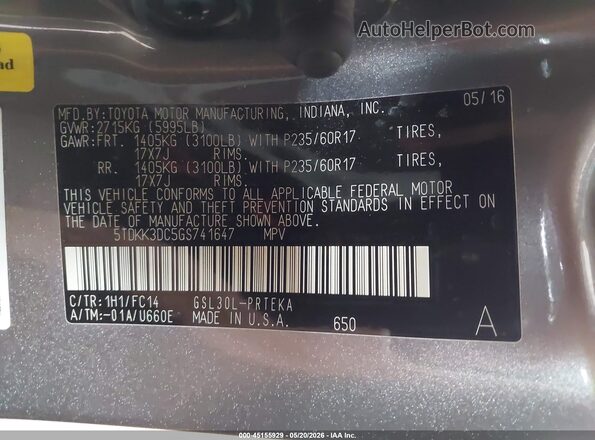 5TDKK3DC5GS741647 2016 TOYOTA SIENNA Gray ძრავის განყოფილების ხედი