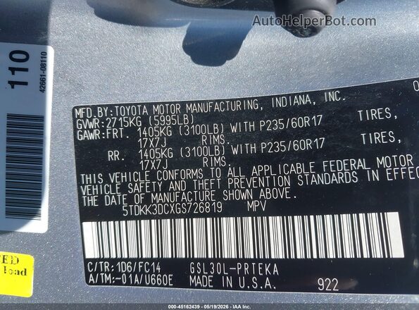 5TDKK3DCXGS726819 2016 TOYOTA SIENNA Silver 