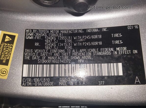 5TDKKRFH6GS140372 2016 TOYOTA LE Gray Engine compartment view