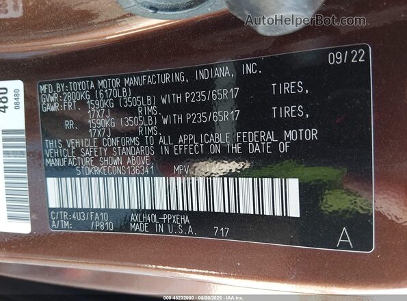 5TDKRKEC0NS136341 2022 TOYOTA SIENNA Brown Շարժիչի բաժամունքի տեսք