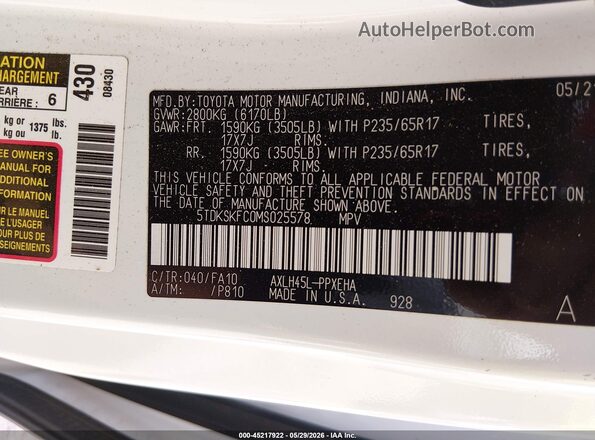 5TDKSKFC0MS025578 2021 TOYOTA SIENNA White ძრავის განყოფილების ხედი