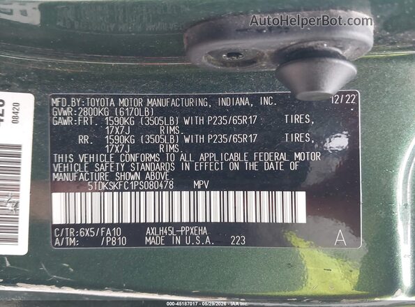 5TDKSKFC1PS080478 2023 TOYOTA SIENNA Green Vista del compartimento del motor