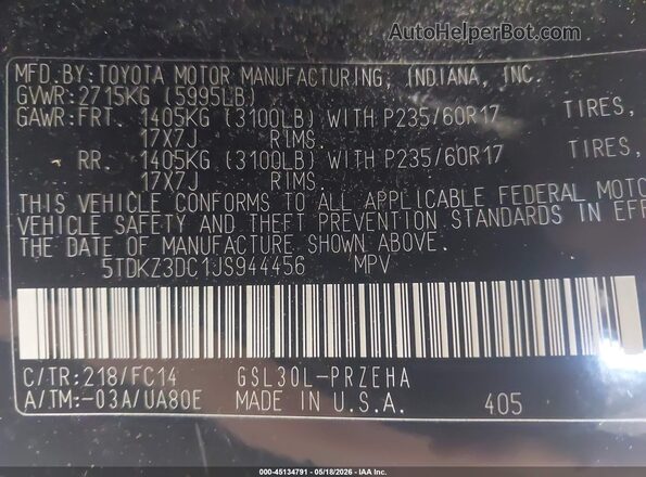 5TDKZ3DC1JS944456 2018 TOYOTA SIENNA Black Շարժիչի բաժամունքի տեսք