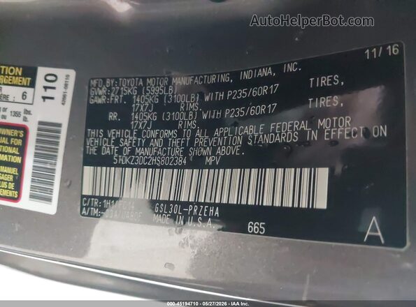 5TDKZ3DC2HS802384 2017 TOYOTA SIENNA Gray Vista del compartimento del motor