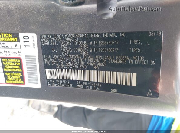 5TDKZ3DC2KS016740 2019 TOYOTA SIENNA Gray ძრავის განყოფილების ხედი