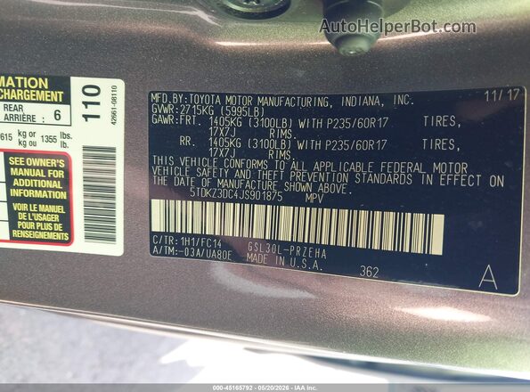 5TDKZ3DC4JS901875 2018 TOYOTA SIENNA Серый Вид подкапотного пространства