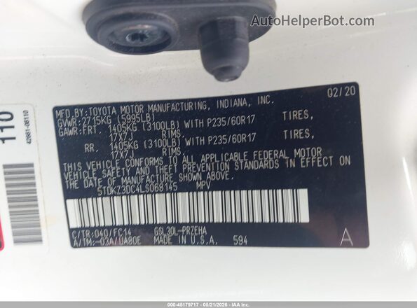 5TDKZ3DC4LS068145 2020 TOYOTA SIENNA White Widok komory silnika