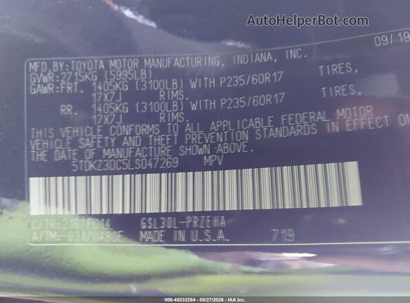 5TDKZ3DC5LS047269 2020 TOYOTA SIENNA Black Vista del compartimento del motor