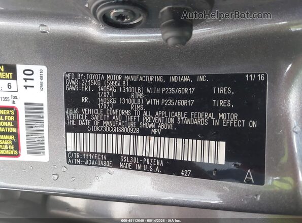 5TDKZ3DC6HS800928 2017 TOYOTA SIENNA Gray Вид підкапотного простору