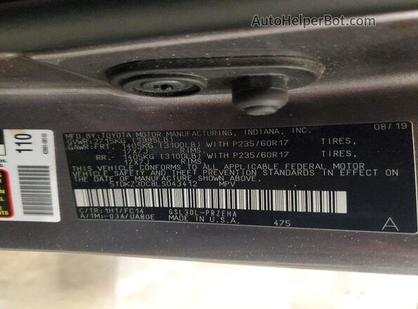 5TDKZ3DC8LS043412 2020 TOYOTA SIENNA Gray 