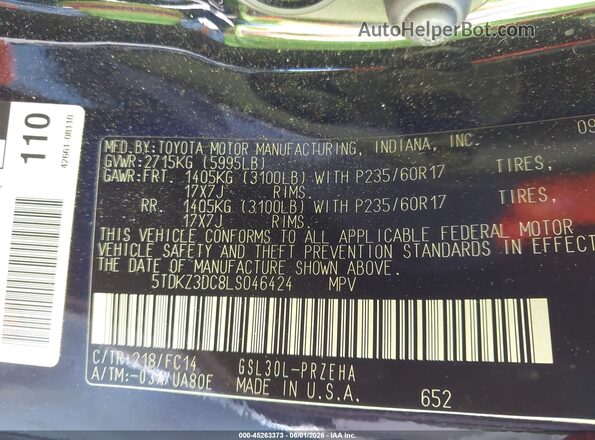5TDKZ3DC8LS046424 2020 TOYOTA SIENNA Black Vista del compartimento del motor
