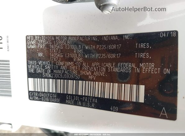5TDKZ3DC9JS939750 2018 TOYOTA SIENNA White Вид підкапотного простору