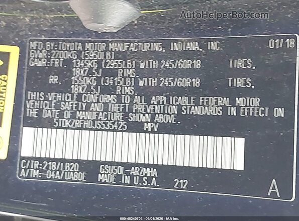 5TDKZRFH0JS535425 2018 TOYOTA HIGHLANDER Black Вид підкапотного простору
