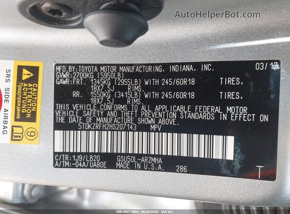 5TDKZRFH2HS207143 2017 TOYOTA HIGHLANDER Silver ძრავის განყოფილების ხედი