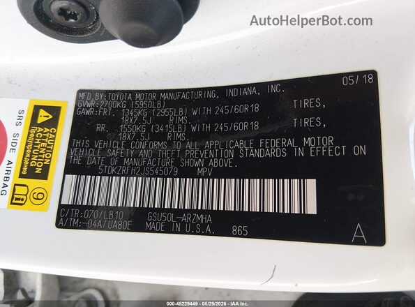 5TDKZRFH2JS545079 2018 TOYOTA HIGHLANDER Белый Вид подкапотного пространства