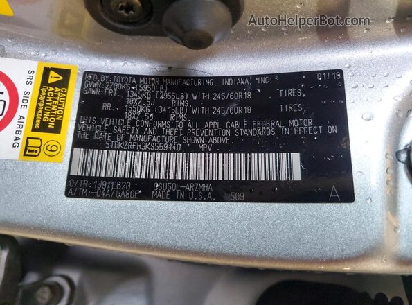 5TDKZRFH3KS559140 2019 TOYOTA HIGHLANDER Silver Widok wnętrza 360 stopni