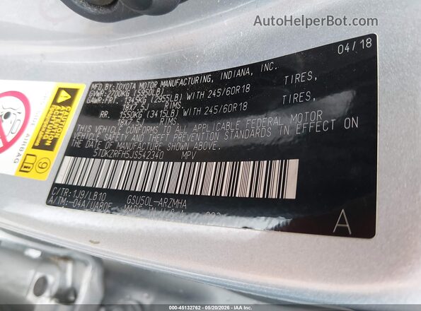 5TDKZRFH5JS542340 2018 TOYOTA HIGHLANDER Silver Widok komory silnika