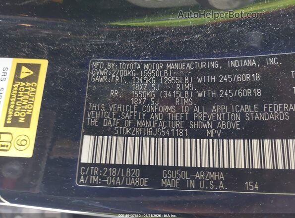 5TDKZRFH6JS541181 2018 TOYOTA HIGHLANDER Black Engine compartment view