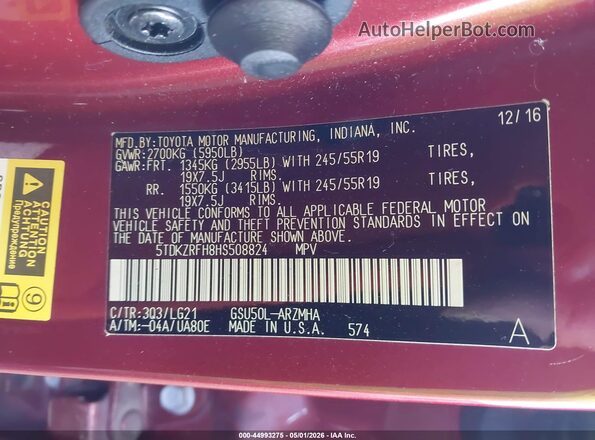 5TDKZRFH8HS508824 2017 TOYOTA HIGHLANDER Red 