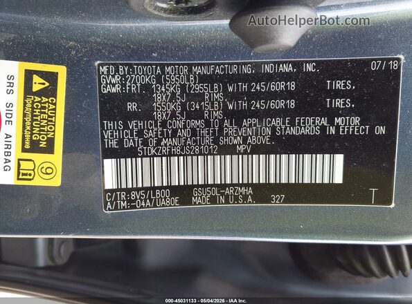 5TDKZRFH8JS281012 2018 TOYOTA LE Blue Engine compartment view