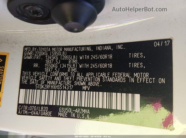 5TDKZRFHXHS514317 2017 TOYOTA HIGHLANDER White Engine compartment view