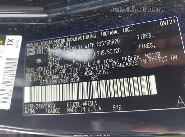 5TDLZRAH7MS089256 2021 TOYOTA HIGHLANDER Черный Вид подкапотного пространства